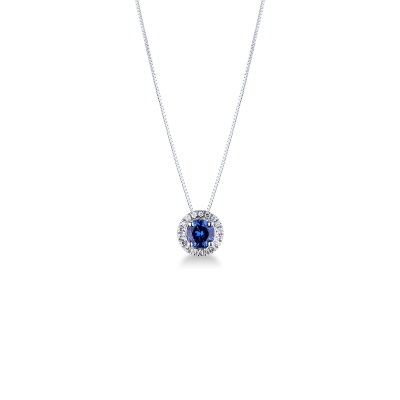 Collier en or blanc 18k avec saphir bleu central et halo en diamants