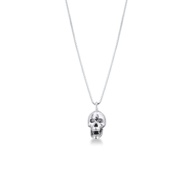 Collier en or blanc 18k avec pendentif skull et diamants