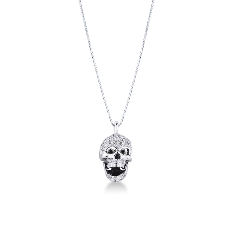 Collier en or blanc 18 carats  tête de mort en diamants blancs et yeux noirs