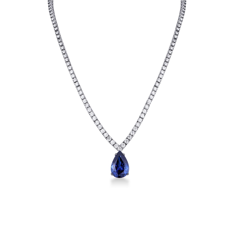 Collier tennis en or blanc 18k avec saphir bleu 12x18 mm et diamants
