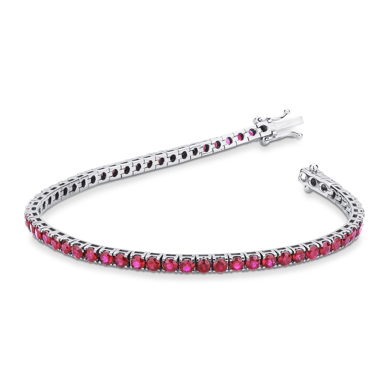 Bracelet tennis carré en or blanc 18k avec rubis rouges