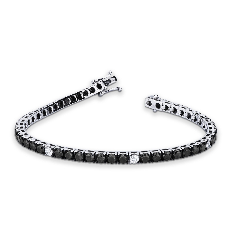 Bracelet tennis à griffes en or blanc 18k serti de diamants blancs et noirs