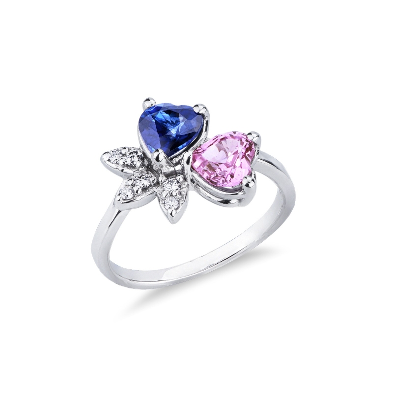 Bague en or blanc 18K avec saphirs bleus et roses