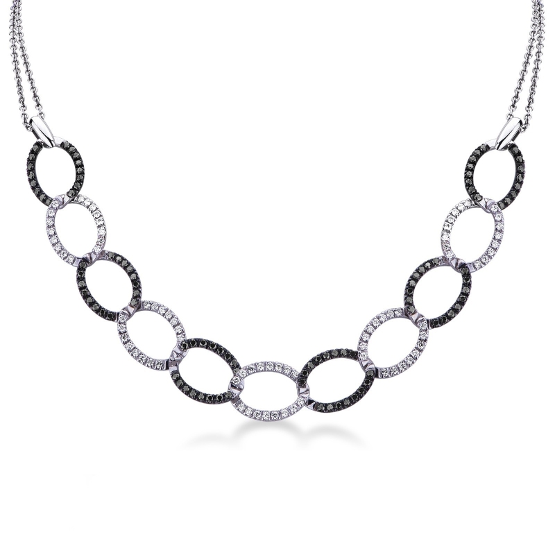 Collier gourmette or blanc 18k avec diamants noirs et blancs