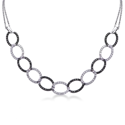 Collier gourmette or blanc 18k avec diamants noirs et blancs