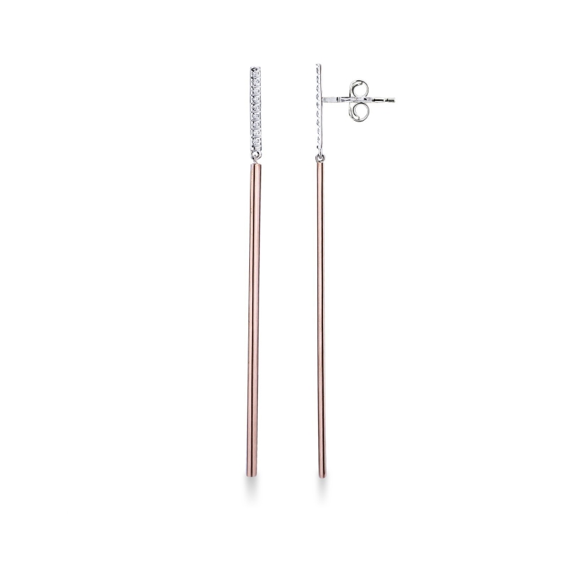 Boucles d’oreilles pendantes en barre en or rose et blanc 18k avec diamants