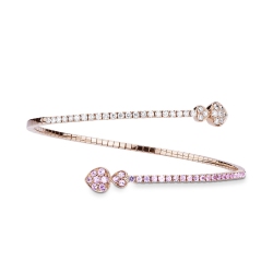 Bracelet Semi Rigide en Or Rose 18K avec Cœurs Diamants et Saphirs Roses