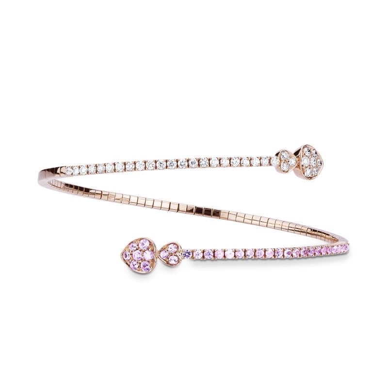 Bracelet Semi Rigide en Or Rose 18K avec Cœurs Diamants et Saphirs Roses