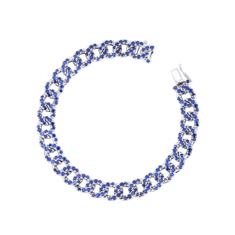 Bracelet maille gourmette en or blanc 18k avec saphirs bleus