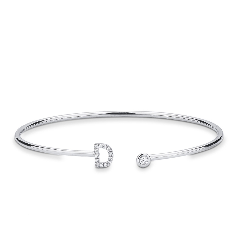 Bracelet rigide avec lettre  D en or blanc 18 carats et diamants 