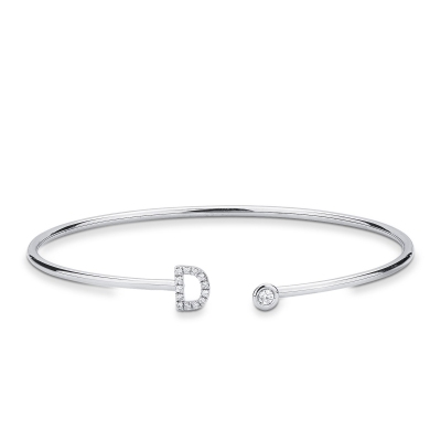 Bracelet rigide avec lettre  D en or blanc 18 carats et diamants 