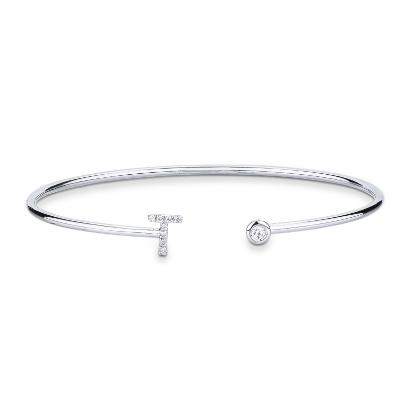 Bracelet rigide avec lettre  T en diamants et or blanc 750