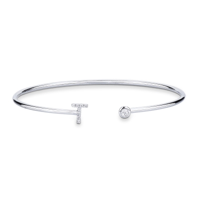 Bracelet rigide avec lettre  T en diamants et or blanc 750
