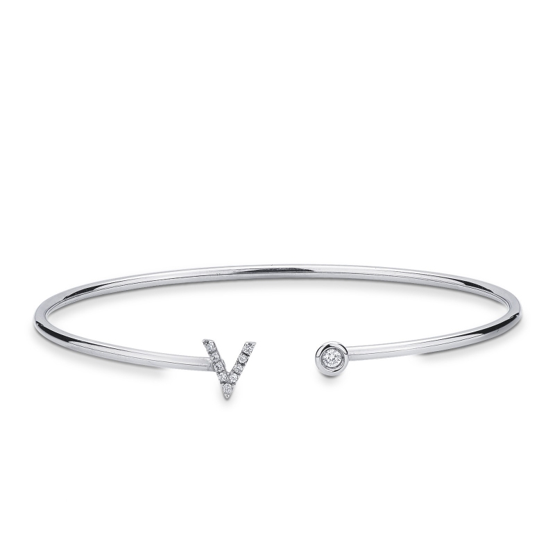 Bracelet rigide en or blanc 18k avec lettre V et diamants