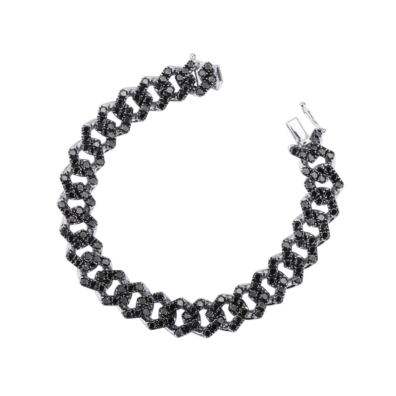 Bracelet groumette en or blanc 18k avec diamants noirs. Pointes brunies.