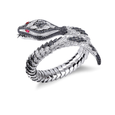 Bracelet Serpent Or Blanc 18k avec Diamants noirs et Rubis