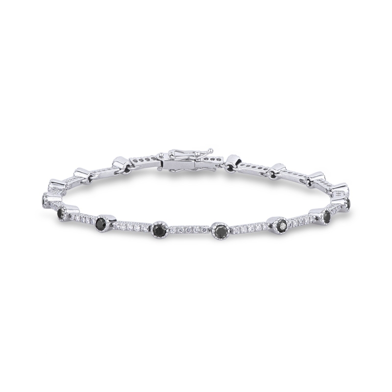 Bracelet Alterné en Or Blanc 18k avec Diamants Noirs et Blancs