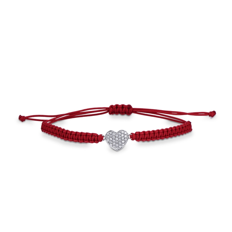 Bracelet cordon rouge avec cœur en or blanc 18k et diamants