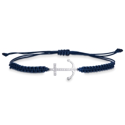 Bracelet en tissu bleu avec ancre en or blanc 18k et diamants