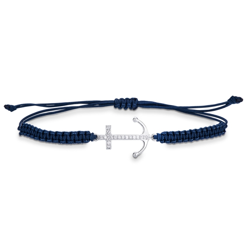 Bracelet en tissu bleu avec ancre en or blanc 18k et diamants