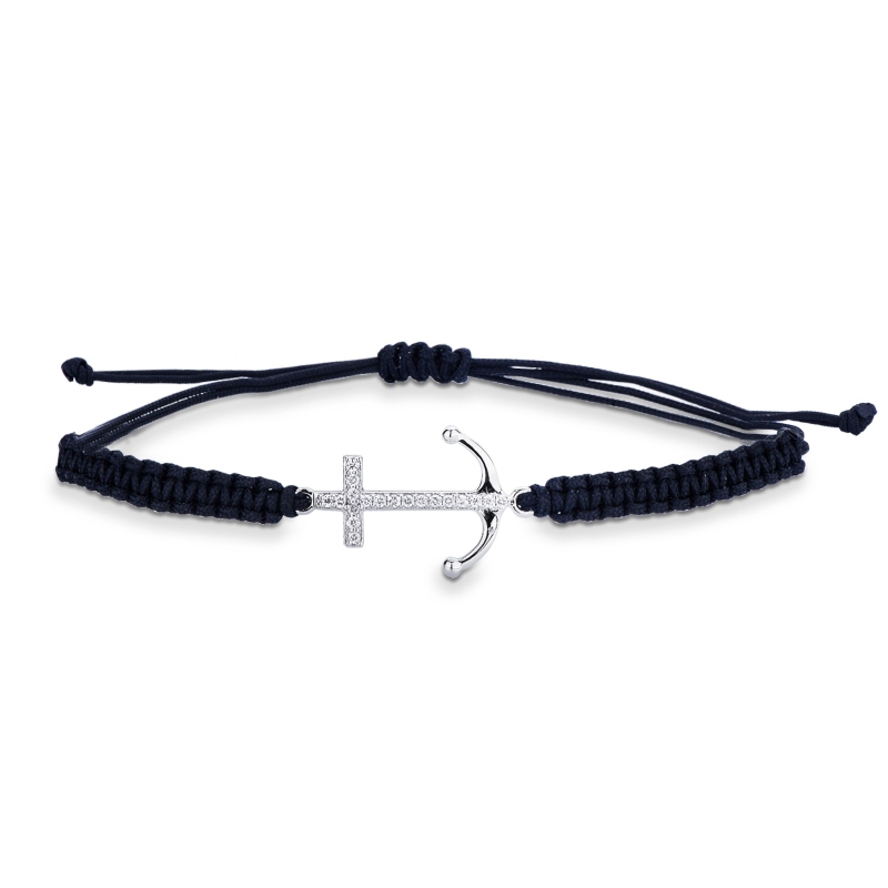  Bracelet en tissu noir avec ancre en or blanc 18k et diamants