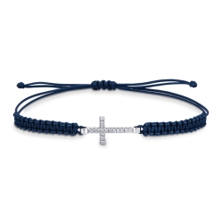 Bracelet en tissu bleu avec croix en or blanc 18k et diamants