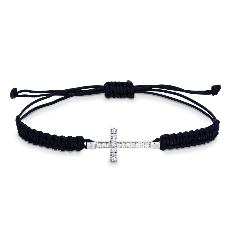 Bracelet en tissu noir avec croix en or blanc 18k et diamants