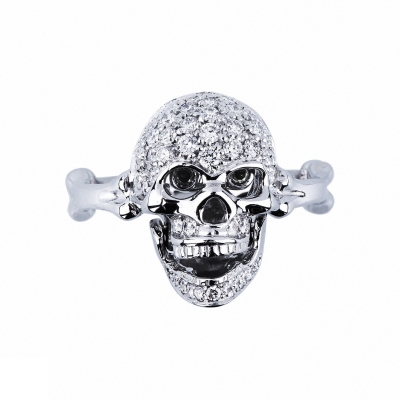 Bague tête de mort en or blanc 18K diamants blancs et yeux noirs