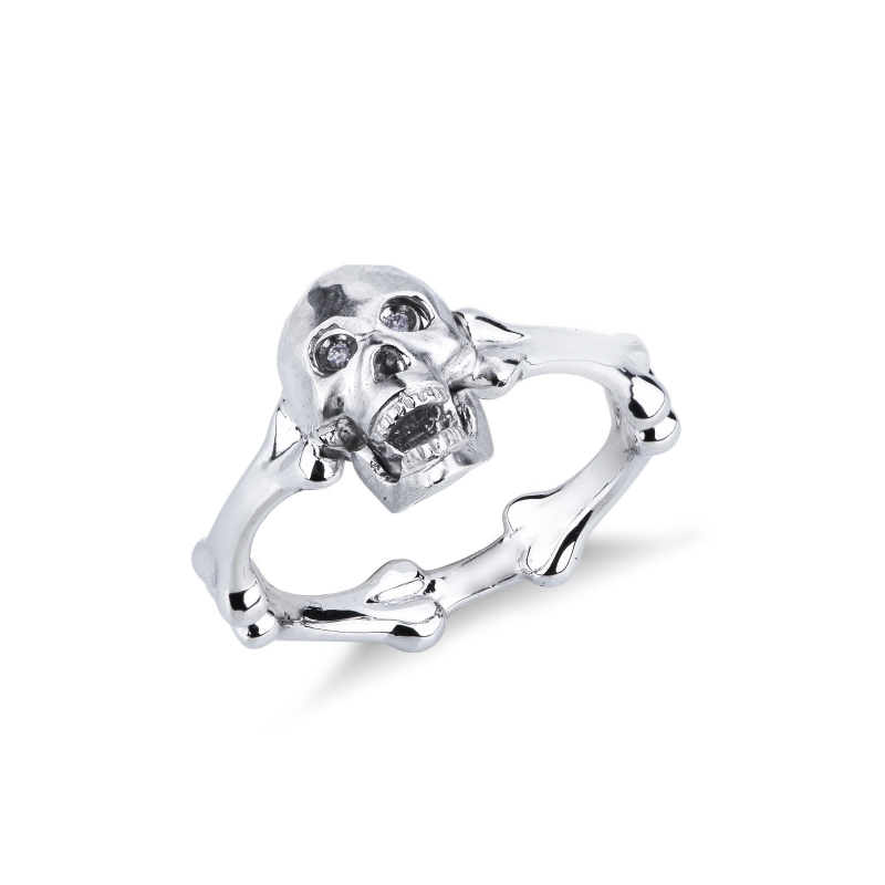 Bague skull mobile en or blanc 18k avec diamants