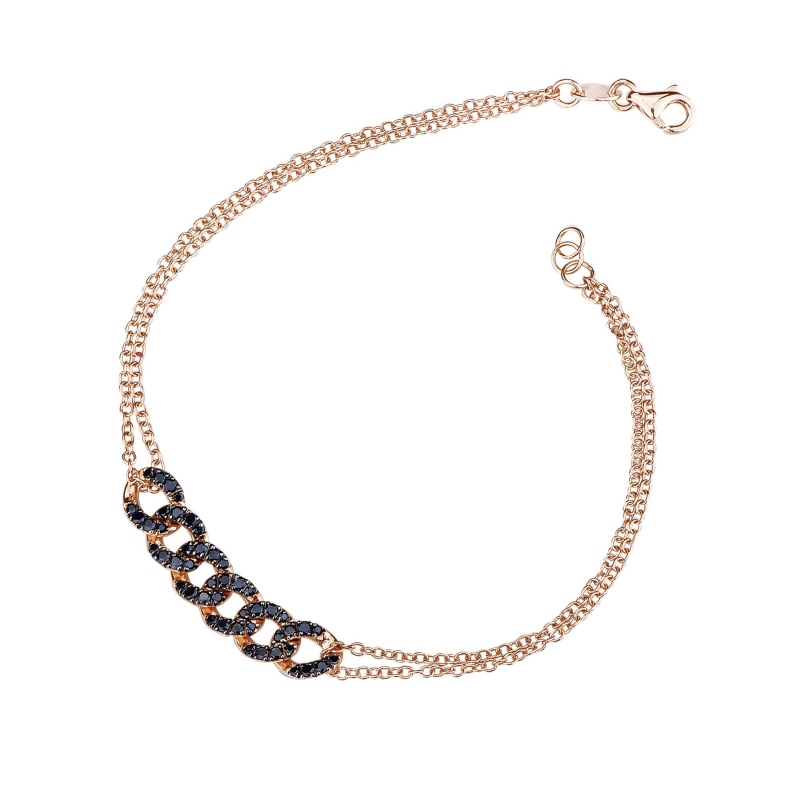 Bracelet gourmette 6 maillons en or rose 18k avec diamants noirs 