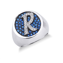 Bague pavé lettre R en or blanc 18ct diamants et saphirs bleus