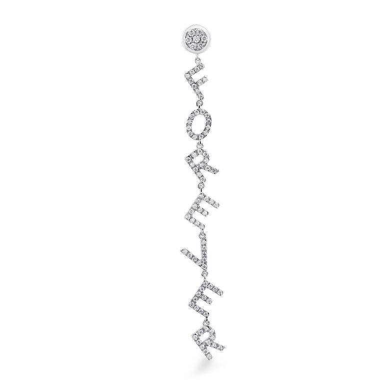 Mono-boucle pendante en or blanc 18 carats, avec le mot FOREVER