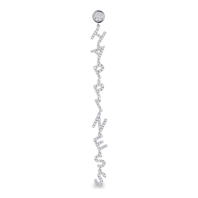 Mono-boucle pendante en or blanc 18 carats, avec le mot HAPPINESS 