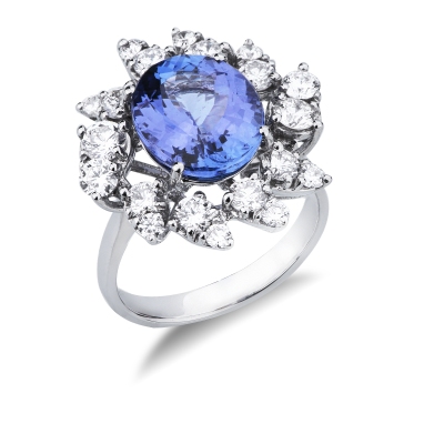 Bague en or blanc 18k avec une tanzanite ovale et des diamants