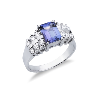 Bague en or blanc 18k avec une tanzanite rectangulaire et diamants latéraux