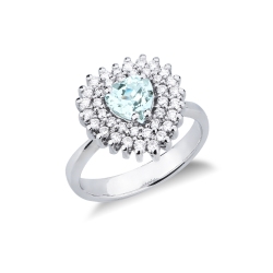 Bague en or blanc 18k ornée d’une sublime aigue-marine et halo diamants