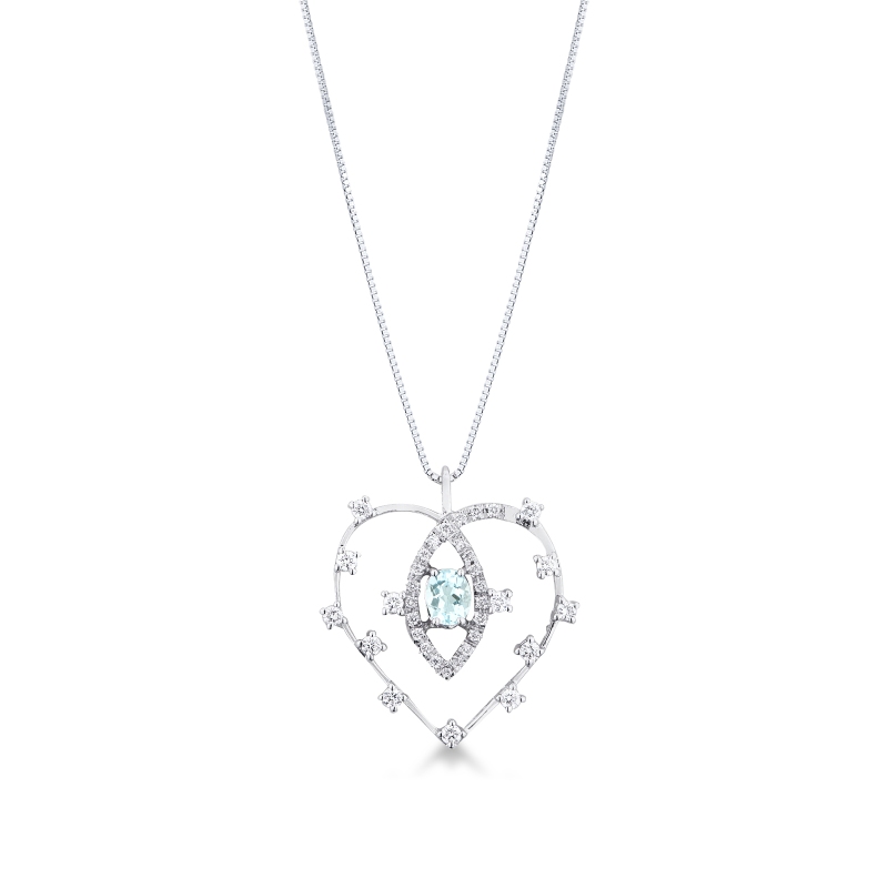 Collier cœur en aquamarine ovale et diamants  en or blanc 18k
