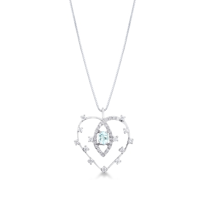 Collier cœur en aquamarine ovale et diamants  en or blanc 18k