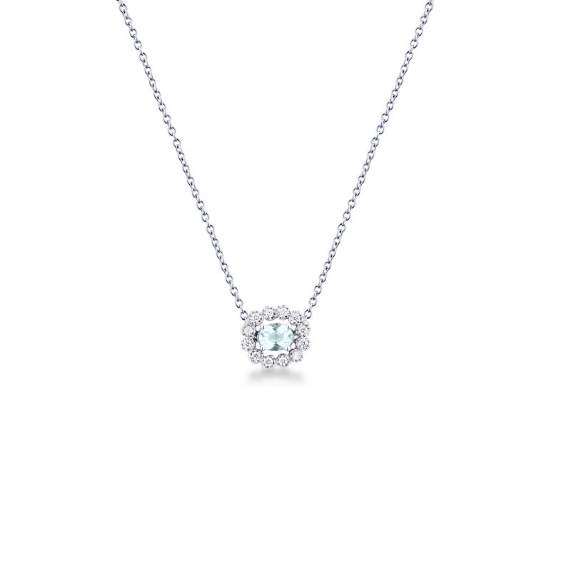 Collier superbe aigue-marine ovale et de diamants en or blanc 18k