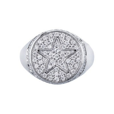 Bague chevalière en or blanc 18k avec étoile en relief sertie de diamants
