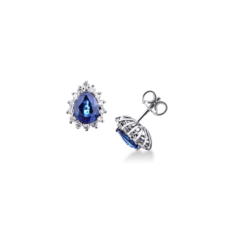 Boucles d'oreilles avec saphir bleu et diamants en or blanc 18k 