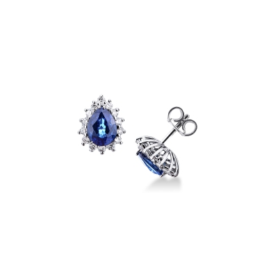 Boucles d'oreilles avec saphir bleu et diamants en or blanc 18k 