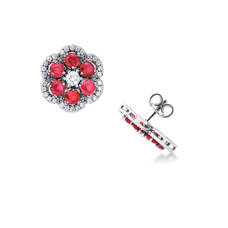 Boucles d'oreilles fleur avec Rubis et Diamants en Or Blanc 18k