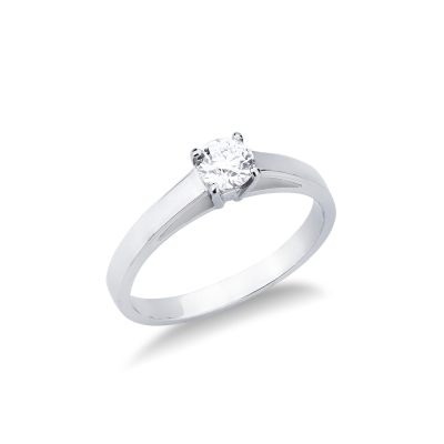  Bague solitaire quatre griffes en or blanc 18k avec diamant 0,40 ct 