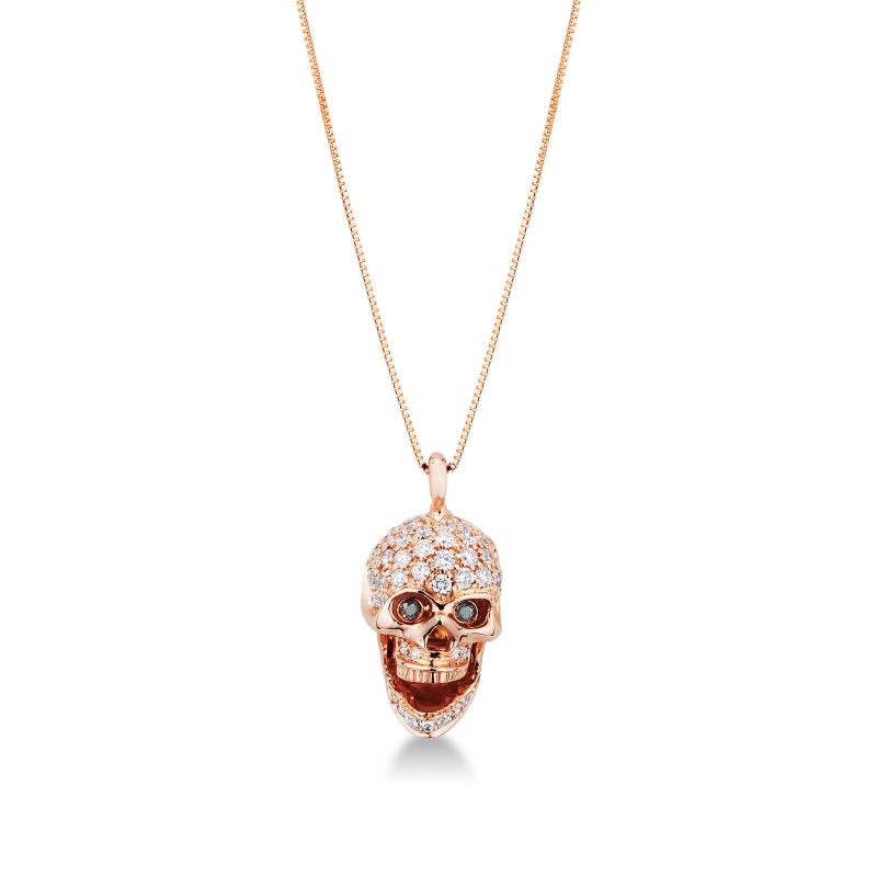 Collier en or rose 18k avec pendentif tête de mort mobile