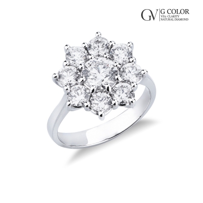 Bague halo fleur en or blanc 750 avec diamant central