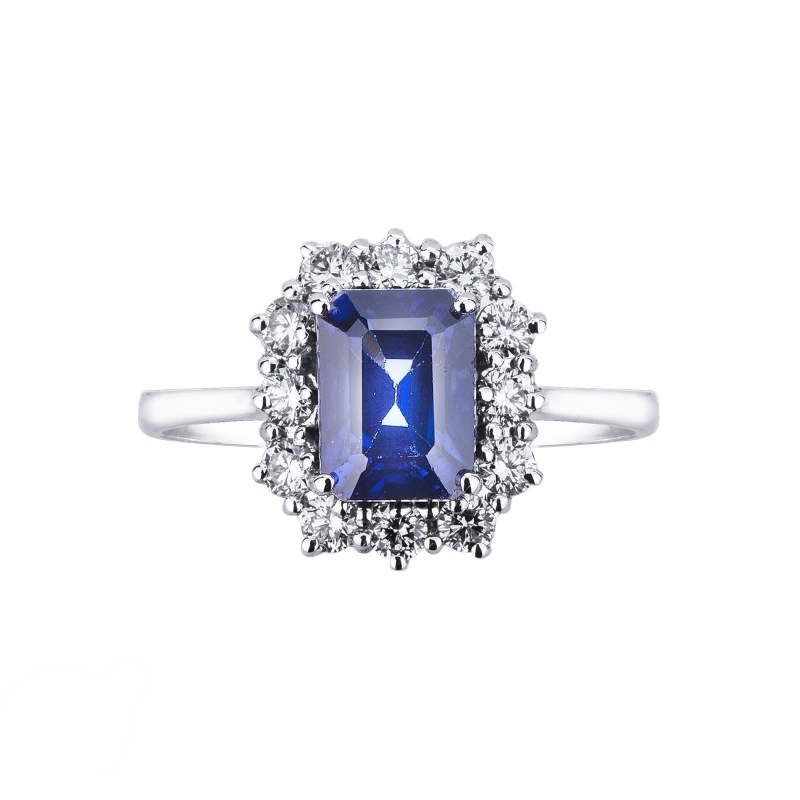 Bague halo en or 18k avec saphir bleu et diamants