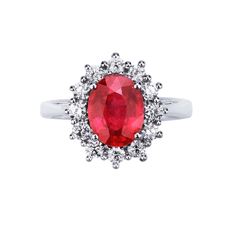 Bague Lady Diana en or blanc 18k avec rubis et diamants