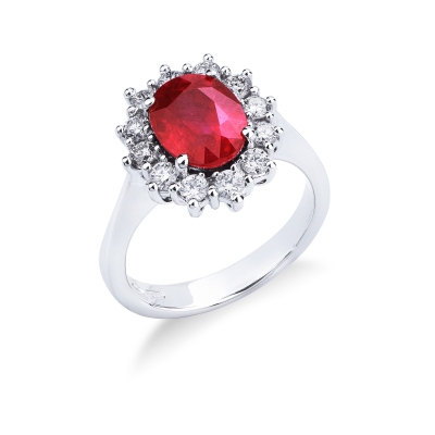 Bague Lady Diana en or blanc 18k avec rubis et diamants