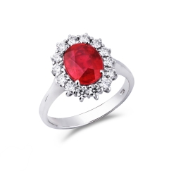 Bague Lady Di en or blanc 18k avec rubis ovale 9x7 et diamants